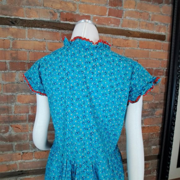 Hand Made Dress Aqua Floral Ruffle RickRack Trim Short Sleeves Cotton Size L - Picture 6 of 8